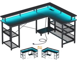 hoekbureau-Gaming bureau-met LED-150 × 102 cm-omkeerbaar-met 2 stopcontacten en 2 USB-poorten-met netplank-koolstofvezel