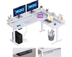 Hoekbureau in hoogte verstelbaar - L-vorm elektrisch bureau - 2 USB-poorten - 2 stopcontacten - 150 x 120 cm - wit Hoekbureau