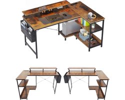 hoekbureau-L-vorm-120 x 80 x 88 cm-USB-oplaadpoort en stopcontact -gaming met rek-omkeerbaar-monitorrek voor kantoor