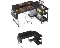 hoekbureau-L-vorm-120 x 80 x 88 cm-USB-oplaadpoort en stopcontact -gaming met rek-omkeerbaar-monitorrek voor kantoor-zwart'