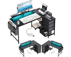 Hoekbureau L-vorm 120x90 cm – 4 stoffen lades, omkeerbaar, met USB-poort, stopcontact en monitorplank, zwart