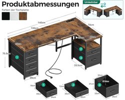 Hoekbureau L-vorm – WorkLuxe NovaDesk L-Shape 140x70 – Bureau met Stoffen Laden & Aktelade – Omkeerbaar Hoekbureau – Met USB-Oplaadpoort & Stopcontact – Modern Thuiskantoor & Gaming Bureau – Bruin