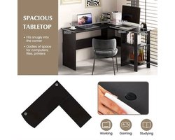 Hoekbureau – L-vormig bureau – Computerbureau – Kantoorbureau – Schrijftafel – Zwart – 130x130x74 cm – Met kabelgaten en opbergruimte