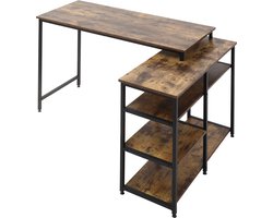 Hoekbureau, L-vormig bureau, computertafel, bureautafel, plank, lade, spaanplaat, metaal, rustiek bruin, 135 x 90 x 79 cm