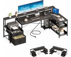 Hoekbureau – L-vormig Bureau met 2 Stoffen Laden – 189,3 x 100 cm – Monitorstandaard – 2 Stopcontacten en 2 USB-poorten – Omkeerbaar – Zwart