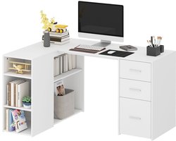 Hoekbureau, L-vormig computerbureau, 3 lades, 5 open vakken, verstelbare planken, 140 x 100 x 75 cm, wit