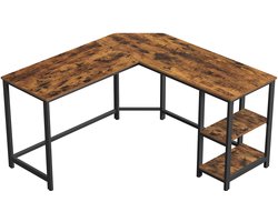 Hoekbureau L-vormig Computertafel Bureau met 2 open opbergvakken, geschikt voor thuiswerken, studeren, schrijven en gamen, eenvoudig te monteren, ruimtebesparend, 138 x 138 x 75 cm, bruin + zwart