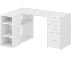 Hoekbureau met 3 lades - L-vormig computerbureau - Verstelbare planken - 140 x 100 x 75 cm - Documenten opbergen - Voor thuiskantoor en studie - Wit