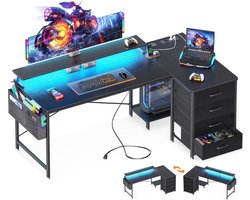 Hoekbureau Met 4 Laden - Omkeerbaar Bureau - L-Vorm Met 2 Stopcontacten En 2 USB-Oplaadaansluiting - Gamingtafel In L-Vorm - Met Leds En Monitorstandaard Voor Thuiskantoor - Zwart - 160 X 80 X 85,9 Cm