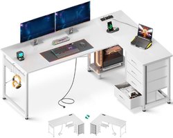 Hoekbureau Met 4 Lades - L Vormig Bureau Met Stopcontact En USB Aansluiting - Reversibel Bureau Met Opbergruimte Voor Thuiswerk - Wit - 155×110 Cm