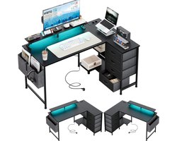 Hoekbureau Met 4 Stoffen Laden - 120 X 90 Cm - L-Vormig Omkeerbaar Bureau Met USB Oplaadpoort En Stopcontact - Zwart Bureau Met Monitorplank Voor Thuiskantoor