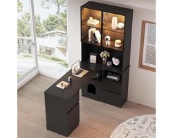 Hoekbureau met kast - Werkplek bureau - Thuiswerken en studeren - Geïntegreerde led-verlichting - 120 x 80 x 180 cm