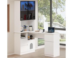 Hoekbureau met Kast - Werkplek Bureau - Thuiswerken Organiseren - Geïntegreerde LED Vitrine - 120x80x180cm - Wit