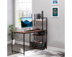 Hoekbureau met opbergruimte in industriële stijl en een boekenkast met 3 planken, gemaakt van spaanplaat met walnootlook.