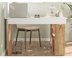 Hoekbureau met Opbergruimte – Modern Witte en Natuurlijk Houten Bureau voor Thuiswerk of Kantoor – 3 Laden – Lichtgewicht en Duurzaam – 129x120x72 cm IndustrialHome
