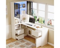 Hoekbureau met Plank - Bureau Hoek Werkplek - Thuiskantoor Inrichten - Geïntegreerde Led-Vitrine - 120 x 80 x 180 cm
