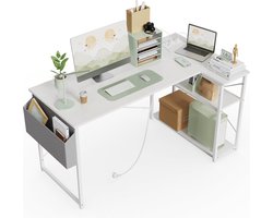 Hoekbureau met Stopcontact - Ergonomisch L-vormig Bureau - 120 x 70 cm - Reversible Computer Tafel met Opslagcompartimenten - Modern Ontwerp met USB en Type C - Geschikt voor Studie, Werk, en Gaming - Stevige Metaal- en MDF Constructie