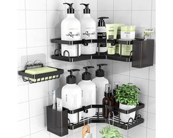 Hoekdouche Caddy 3 Pack Badkamer Opslag - Geen Boren - Doucheopslag met Zeephouder - Haken - Tandpasta Houders - Roestvrije RVS - Zuig - Badkamer Accessoires - Zwart badkamerkasten hoog