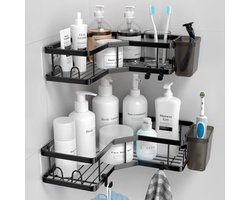 Hoekdouche Caddy - Badkamer Douche Organizer zonder Boren | Roestvrij Stalen Planken en Tandenborstel Cups | Douche Houder Zwart (2 Pack)