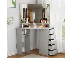 Hoekige Kaptafel – Make-up Tafel – Schminktafel – Dressing Table – Vanity Bureau – Grijs – 3-delige Spiegel – 5 Lades en 2 Open Vakken – Compact Modern Design – 112x50x142,5 cm