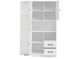 Hoekkast 104x35x155cm Wit MDF Woonkamer Vitrinekast Met 3 Kasten 2 Lade 14 Opslagruimtes Boekenplank Highboard Sideboard