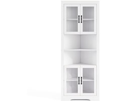 Hoekkast 171 cm – Hoge Driehoekige Dressoir met 4 Glazen Deuren en Verstelbare Planken, Wit