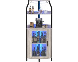 Hoekkast Barkast met LED Verlichting - Wijnkast met Glazen Deur, Wijnrek & Glazenhouder - Modern Dressoir - Grijs - 45x45x152,5 cm