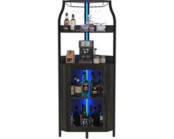Hoekkast Barkast met LED Verlichting - Wijnkast met Glazen Deur, Wijnrek & Glazenhouder - Modern Dressoir - Zwart - 45x45x152,5 cm
