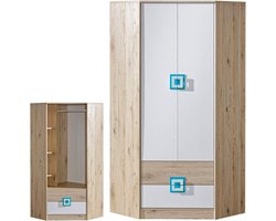 Hoekkast - Draaideurkast - Slaapkamer Organiseren - Met Kledingstang - 90x190x87 cm - Licht eiken/wit/turquoise
