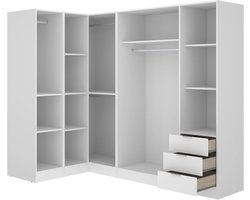 Hoekkast Garderobekast 213x132x184 cm – Luxe LISTOWEL Hoek Kledingkast met 6 Deuren, 3 Laden, 10 Legvakken & 4 Kledingroedes – Wit Gemelamineerd Spaanplaat – Ruime Opbergkast – Abkantoor