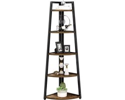 Hoekkast - Kast - Kast met planken - Boekenkast - Kwart cirkel - 5 planken - Industrieel - Hout en metaal - Microvezel doekje - Meubelviltjes - Bruin/Zwart