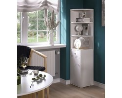 Hoekkast met Deur en Lade – Moderne Opbergkast 135,5 cm Hoog – Smalle Boekenkast voor Woonkamer, Slaapkamer of Kantoor – Wit Hoekmeubel met Veel Opbergruimte – Stijlvolle Kast met Lade