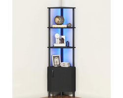 Hoekkast met LED Verlichting - Boekenkast - Opbergkast met Deur - 4 Open Planken - Ruimtebesparend Design - Zwart