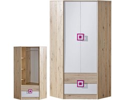 Hoekkast - Opbergkast Hoek - Kleding Opbergen - Geïntegreerde Kledingstang - 90x190x87 cm - Licht Eiken Wit Roze