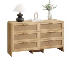 Hoekkast van rotan, 130 cm, boogvormige commode met 6 laden, opbergruimte voor woonkamer, slaapkamer en keuken, natuurlijke kleuren (naturel + particle board)