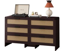 Hoekkast van rotan, 130 cm, boogvormige commode met 6 laden, opbergruimte voor woonkamer, slaapkamer en keuken, natuurlijke kleuren (Reddish Brown + particle Board)
