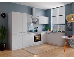 Hoekkeuken 310 cm - complete keuken met apparatuur Malia - Wit/Beton - soft close - keramische kookplaat - vaatwasser - afzuigkap - oven - spoelbak