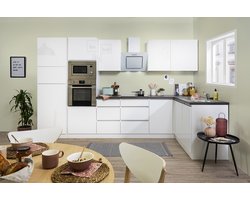 Hoekkeuken 345 cm - complete keuken met apparatuur Lorena - Wit/Wit - soft close - keramische kookplaat - vaatwasser - afzuigkap - oven - magnetron - spoelbak