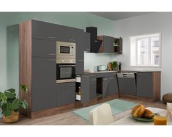 Hoekkeuken 370  cm - complete keuken met apparatuur Oliver  - Donker eiken/Grijs   - keramische kookplaat - vaatwasser - afzuigkap - oven - magnetron  - spoelbak