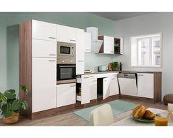Hoekkeuken 370 cm - complete keuken met apparatuur Oliver - Donker eiken/Wit - keramische kookplaat - vaatwasser - afzuigkap - oven - magnetron - spoelbak