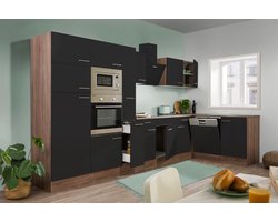 Hoekkeuken 370  cm - complete keuken met apparatuur Oliver  - Donker eiken/Zwart   - keramische kookplaat - vaatwasser - afzuigkap - oven - magnetron  - spoelbak