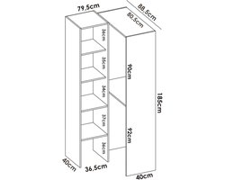 Hoekkledingkast 79,4 x 88,4 x 185,5 cm – Open Inloopkast met 4 Planken en 2 Kledingstangen – Ruimtebesparende Witte Hoekkast – Bernina Design – Abkantoor