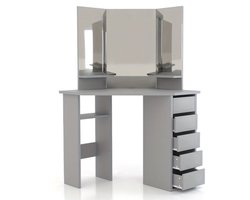 Hoekkosmetische Tafel – Hoekmake-uptafel – Make-uptafel – Kaptafel – Schminktisch – 3 Spiegels – 5 Laden – Ruimtebesparend – Moderne Grijze Styling