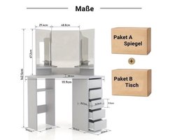 Hoekkosmetische Tafel – Hoekmake-uptafel – Make-uptafel – Kaptafel – Schminktisch – 3 Spiegels – 5 Laden – Ruimtebesparend – Moderne Grijze Styling