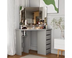 Hoekkosmetische Tafel – Hoekmake-uptafel – Make-uptafel – Kaptafel – Schminktisch – 3 Spiegels – 5 Laden – Ruimtebesparend – Moderne Grijze Styling