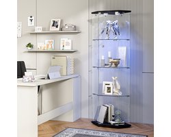 Hoekmeubel in vijfhoekig ontwerp met 4 verlichte planken en een enkele deur, voorzien van ledverlichting, voor woonkamer of hal, zwart.