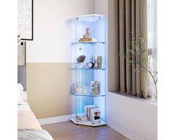 Hoekmeubel in vijfhoekig ontwerp met 4 verlichte planken en een enkele deur, witte basis met ledverlichting voor woonkamer of hal