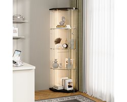 Hoekmeubel in vijfhoekig ontwerp met 4 verlichte planken en een enkele deur, zwarte voet met ledverlichting voor woonkamer of hal