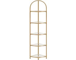 Hoekopbergrek Vijflaags boekenrek Plantenrek Gehard glazen legplanken Stevig en duurzaam stalen frame Modern minimalistisch ontwerp Eenvoudig te installeren en schoon te maken Geschikt voor woonkamer slaapkamer keuken badkamer 28x28x158cm Goudkleurig