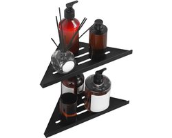 Hoekplanken zonder boren, wandgemonteerde douchecaddy voor opberging in badkamer en keuken - zelfklevende roestvrijstalen planken (zwart)